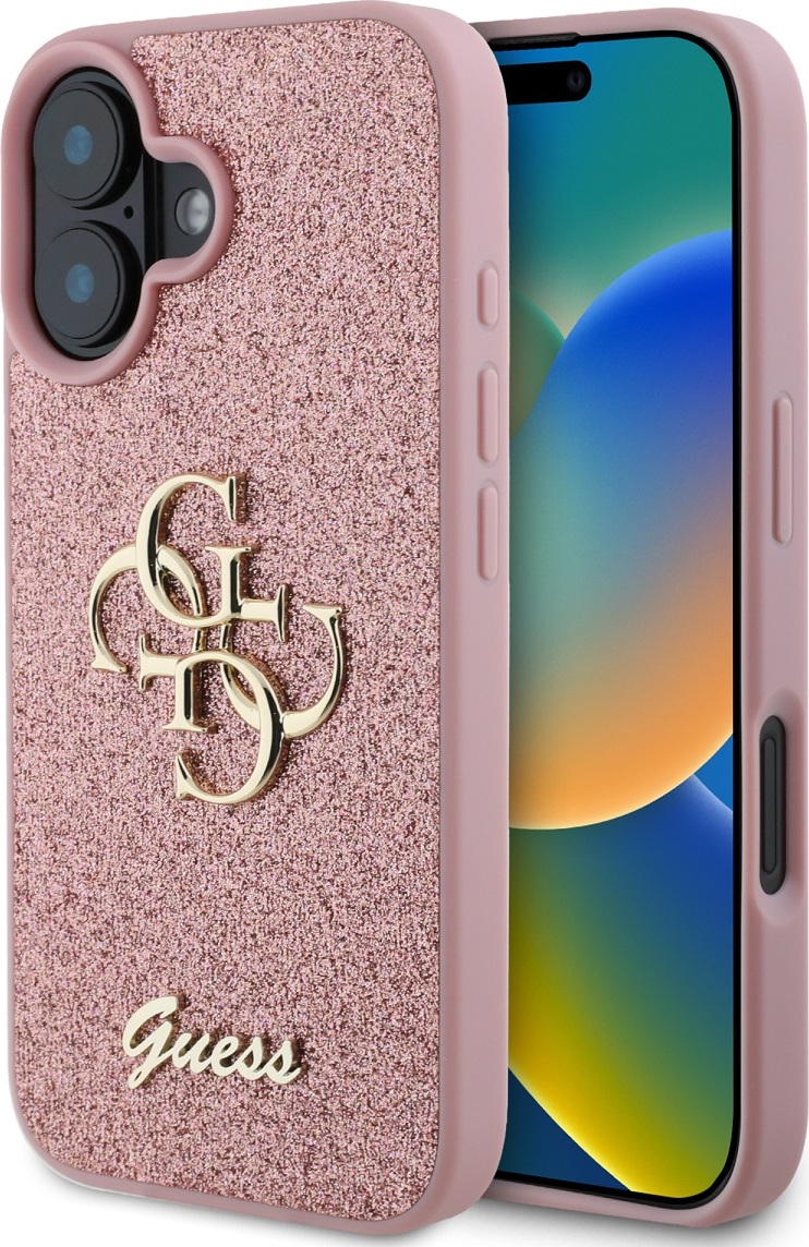 Guess PU Fixed Glitter 4G Metal Logo Zadní Kryt pro iPhone 16 Pink