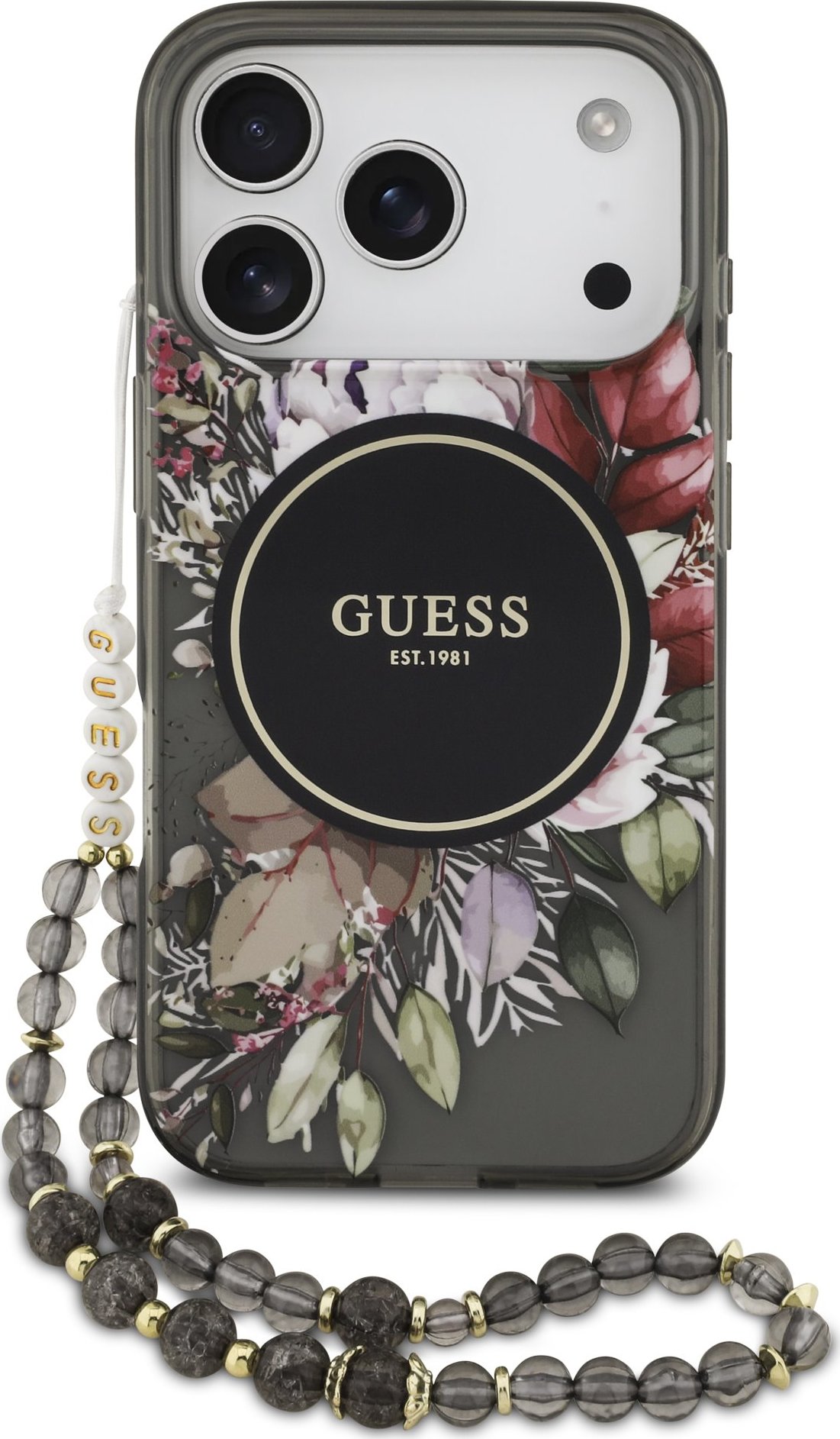 Guess IML Flowers Strap MagSafe Zadní Kryt pro iPhone 17 Pro Black
