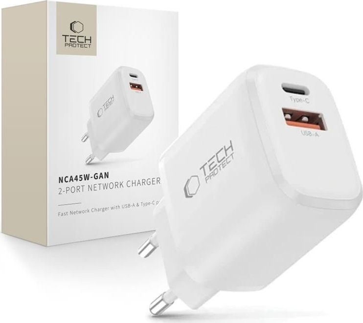 TECH-PROTECT NCA45W-GAN 2-PORT NETWORK CHARGER PD 45W / QC3.0 WHITE