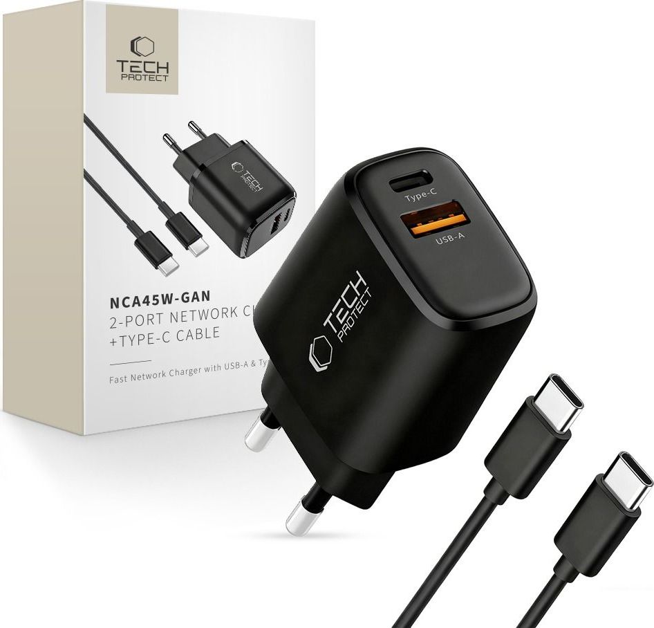 TECH-PROTECT NCA45W-GAN 2-PORT NETWORK CHARGER PD 45W / QC3.0 + TYPE-C CABLE BLACK