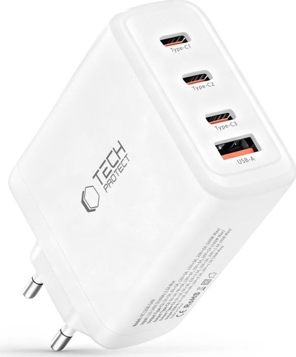 Tech-Protect NC120W-GaN síťová nabíječka USB-C PD, 3x USB-C + USB-A, bílá