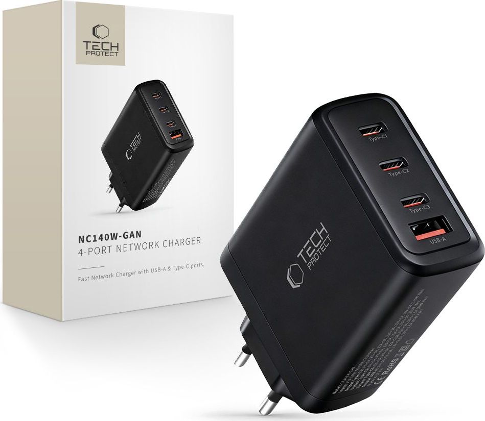 TECH-PROTECT NC140W-GAN 4-PORT NETWORK CHARGER PD 140W / QC3.0 BLACK