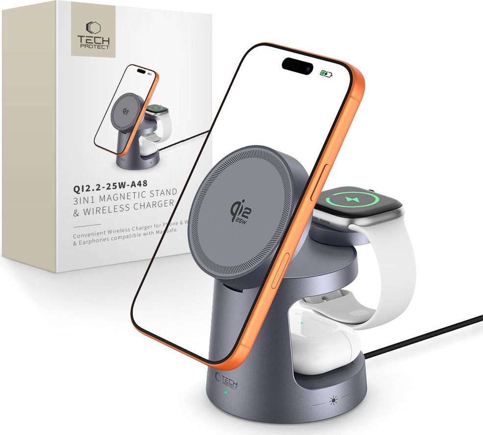 TECH-PROTECT A48 3IN1 MAGNETIC MAGSAFE WIRELESS CHARGER 25W QI2.2 DARK GREY