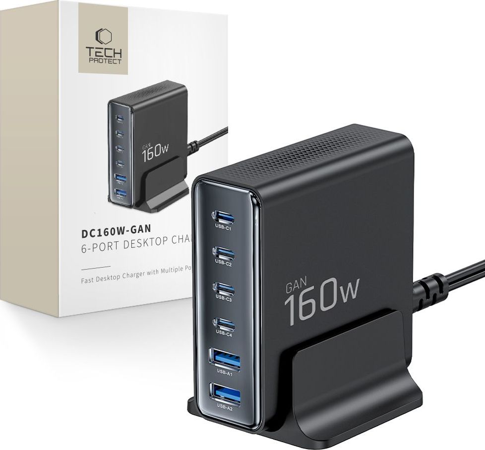 TECH-PROTECT DC160W-GAN 6-PORT DESKTOP CHARGER PD 160W / QC3.0 BLACK