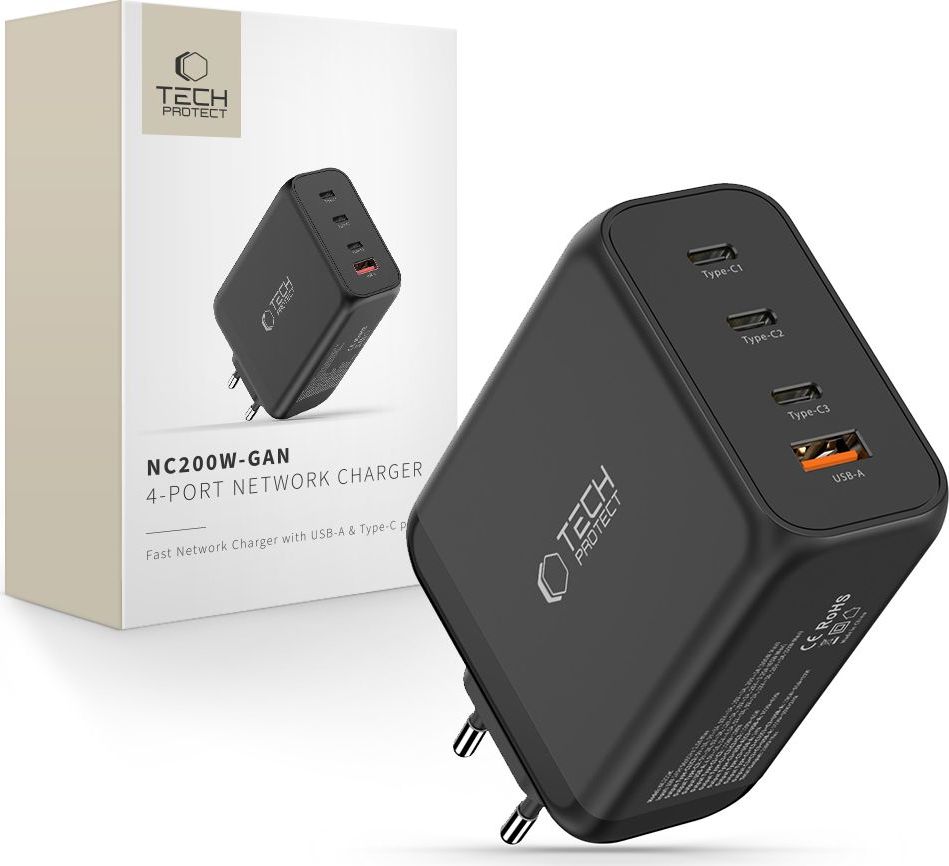 TECH-PROTECT NC200W-GAN 4-PORT NETWORK CHARGER PD 200W / QC3.0 BLACK