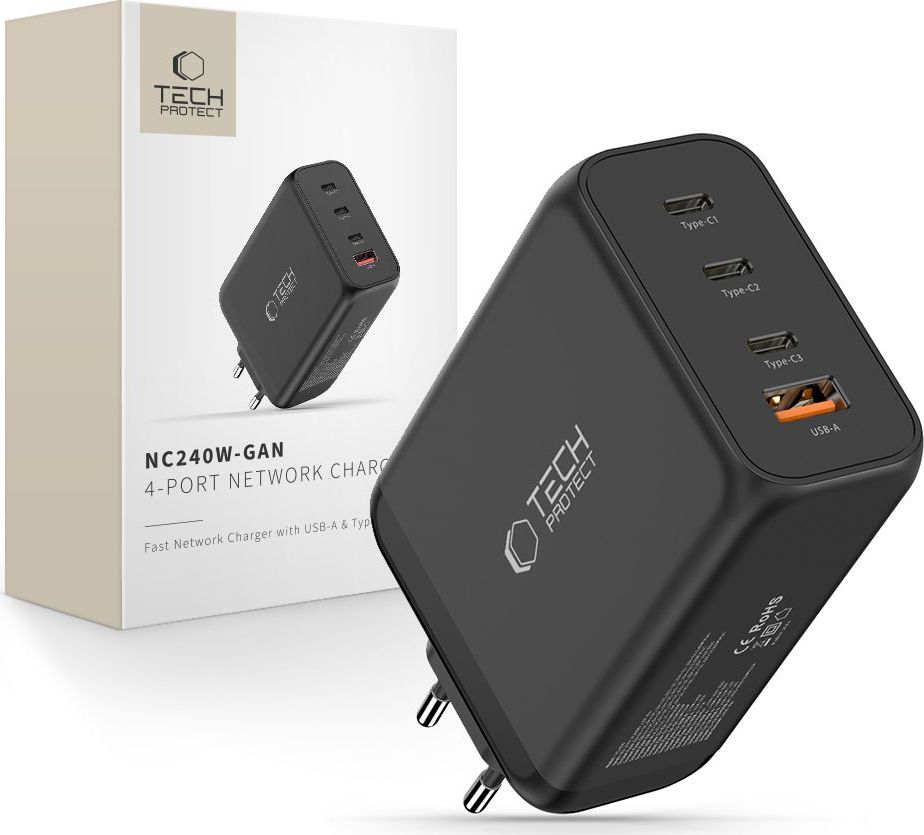 TECH-PROTECT NC240W-GAN 4-PORT NETWORK CHARGER PD 240W / QC3.0 BLACK