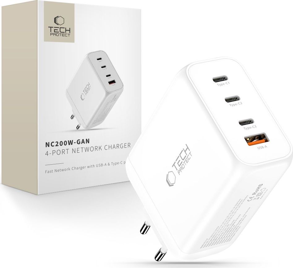 TECH-PROTECT NC200W-GAN 4-PORT NETWORK CHARGER PD 200W / QC3.0 WHITE