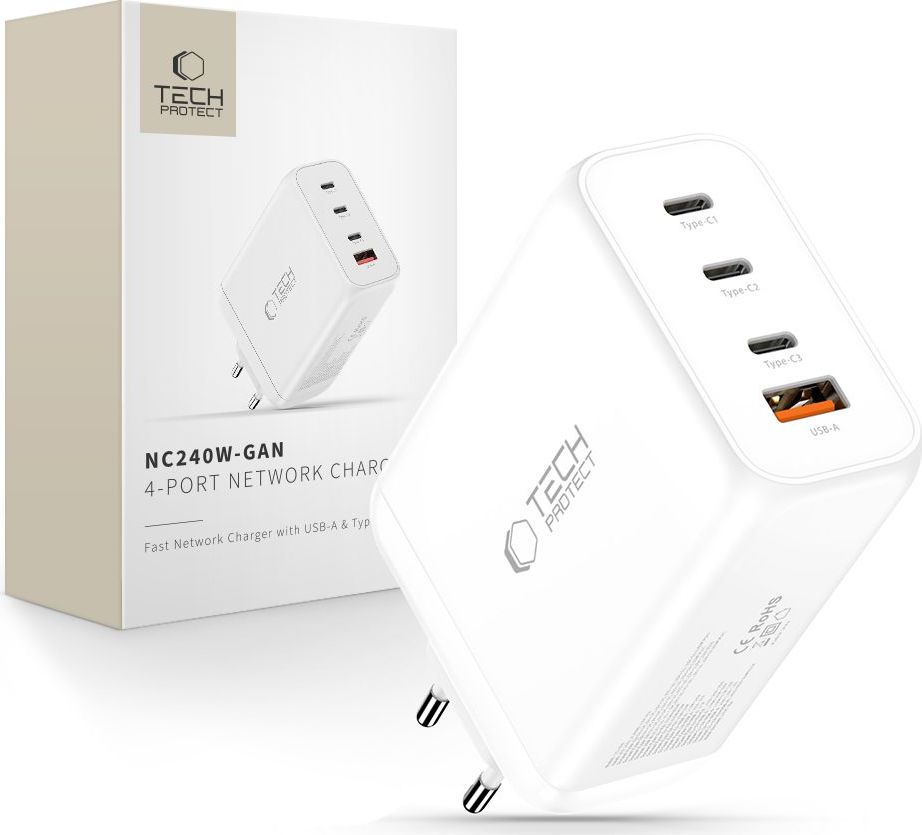 TECH-PROTECT NC240W-GAN 4-PORT NETWORK CHARGER PD 240W / QC3.0 WHITE