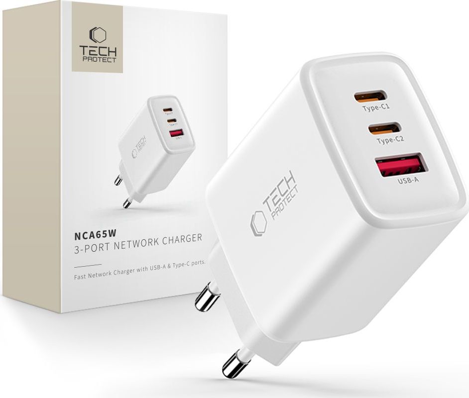 TECH-PROTECT NCA65W-GAN 3-PORT NETWORK CHARGER PD 65W / QC3.0 WHITE