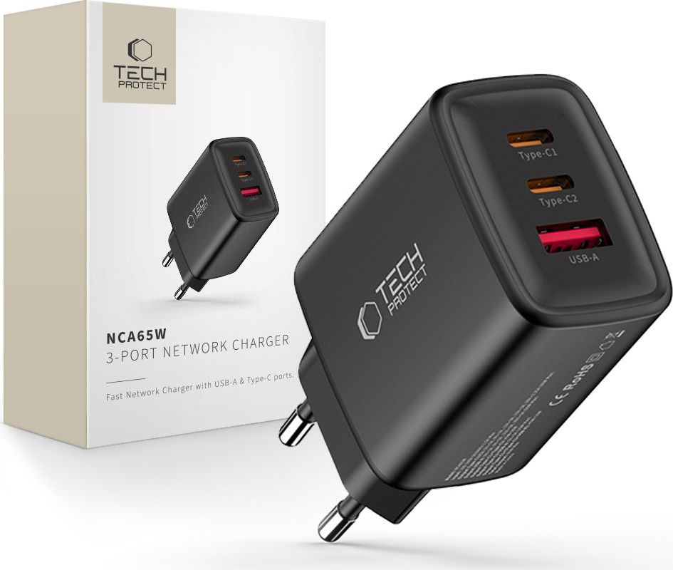 Tech-Protect NCA65W-GaN 65W GaN nabíječka 2× USB-C PD + USB-A QC3.0 – černá