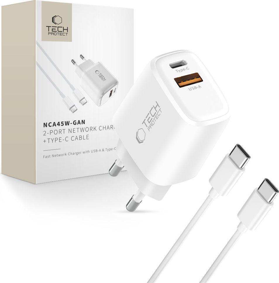 TECH-PROTECT NCA45W-GAN 2-PORT NETWORK CHARGER PD 45W / QC3.0 + TYPE-C CABLE WHITE