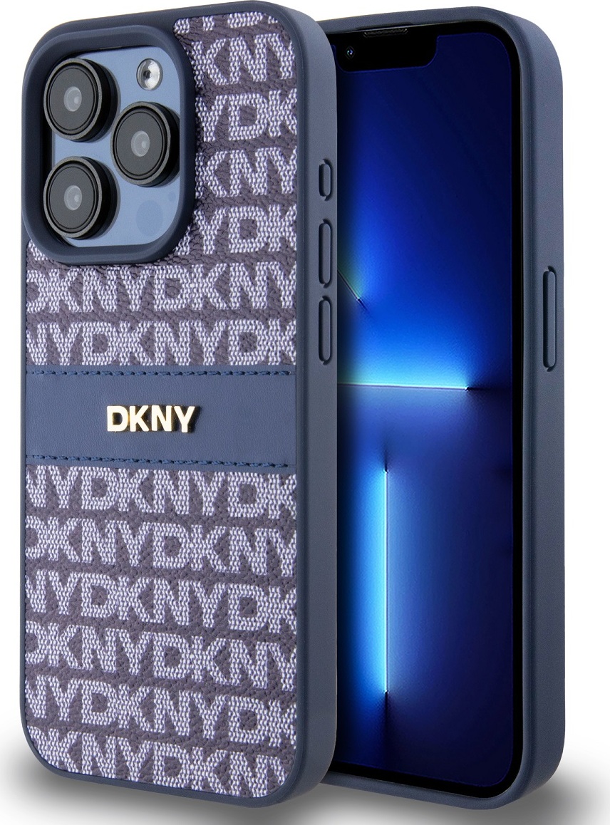 DKNY PU Leather Repeat Pattern Tonal Stripe Zadní Kryt pro iPhone 15 Pro Max Blue