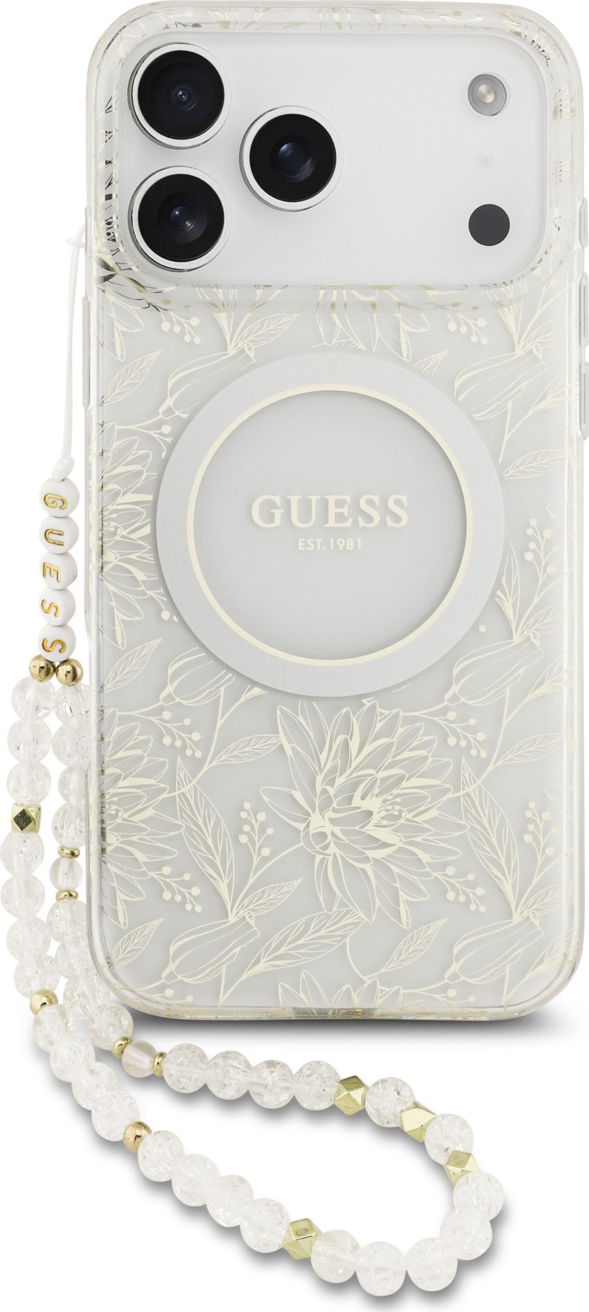 Guess IML Flowers Allover Strap MagSafe Zadní Kryt pro iPhone 17 Pro Max White