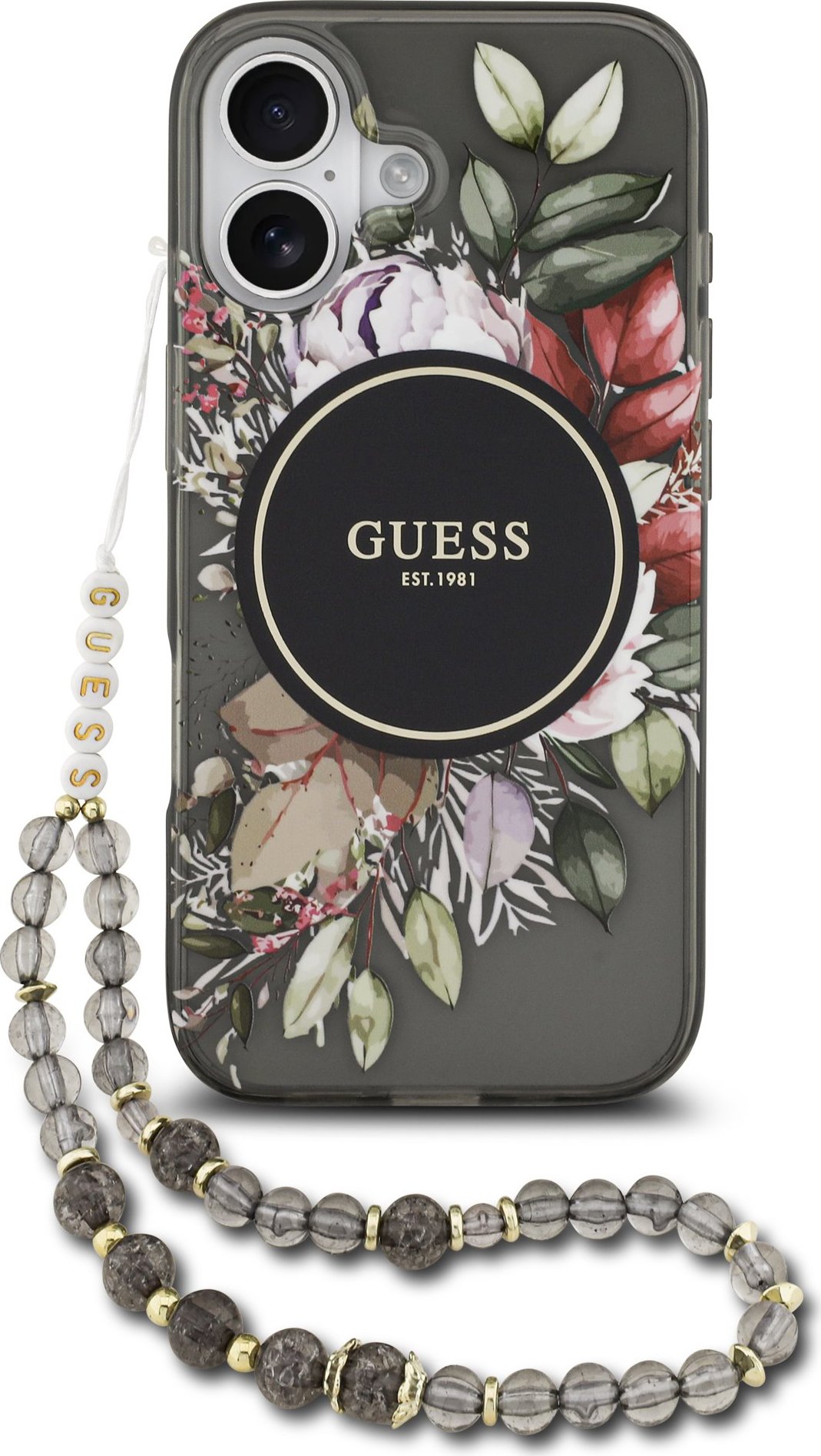 Guess IML Flowers Strap MagSafe Zadní Kryt pro iPhone 17 Black