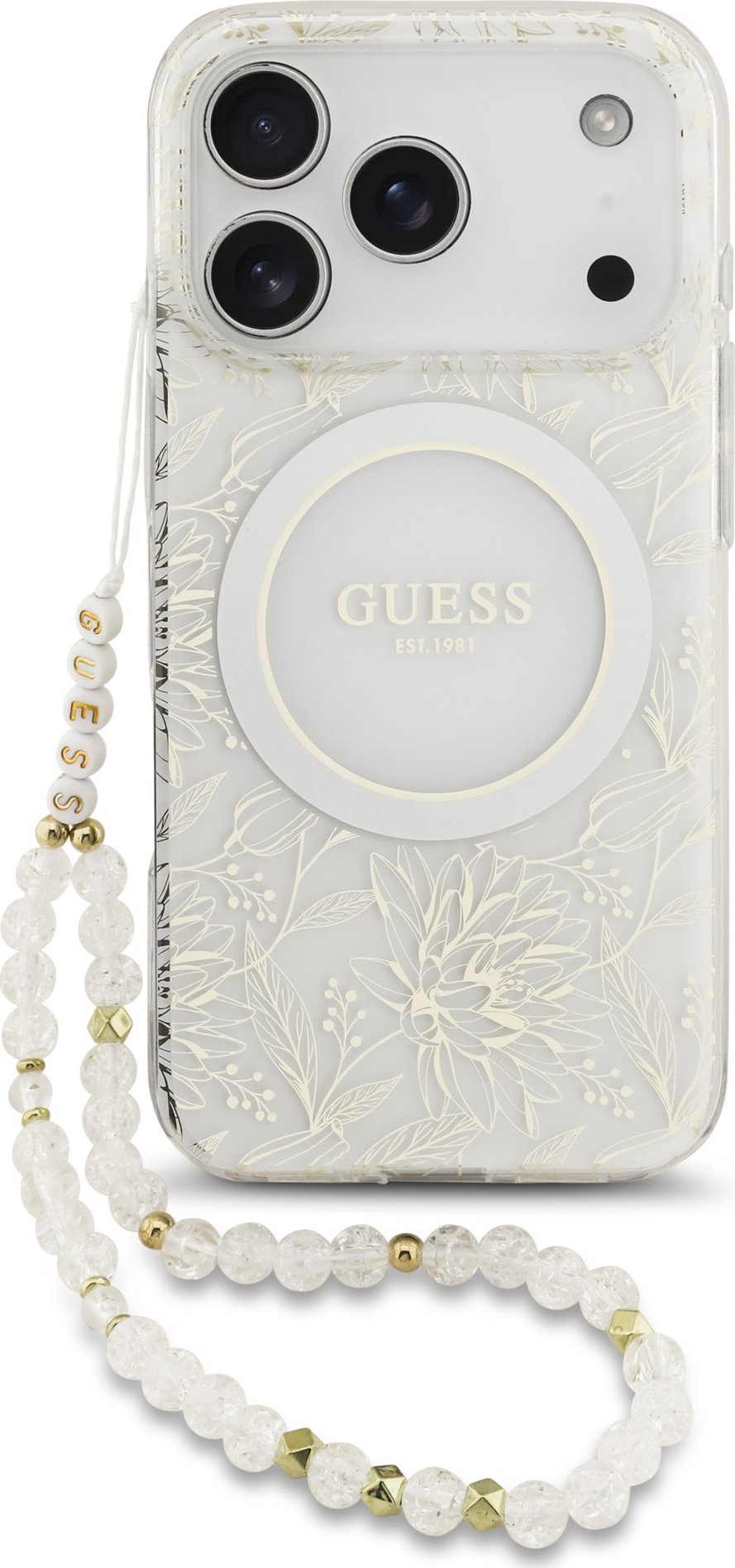 Guess IML Flowers Allover Strap MagSafe Zadní Kryt pro iPhone 17 Pro White
