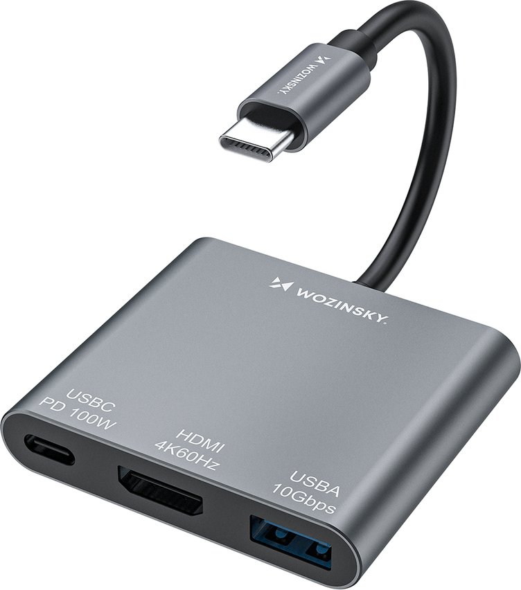 Hub Wozinsky WHCH-01 USB-C PD 100W HDMI 4K@30Hz USB-A 10Gbps - šedý