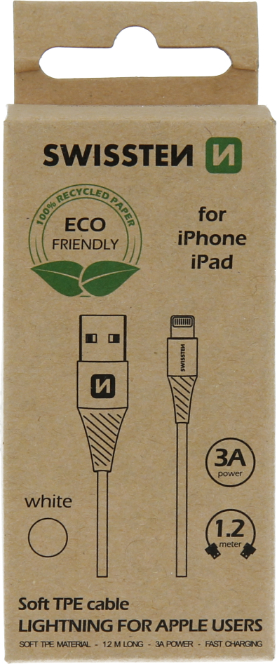 DATOVÝ KABEL SWISSTEN USB/LIGHTNING BÍLÝ 1,2M (ECO BALENÍ)