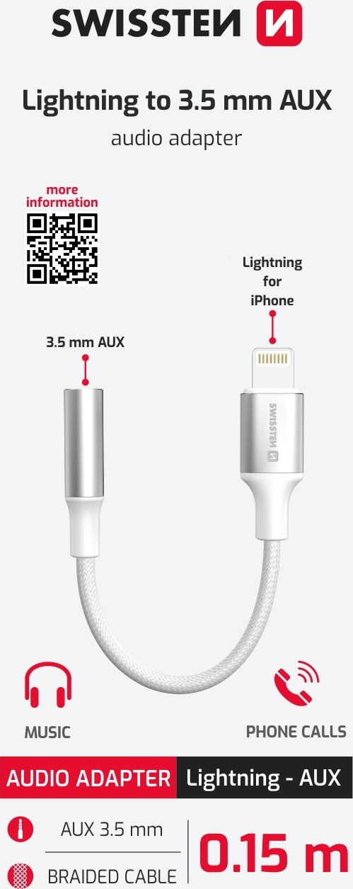 AUDIO ADAPTÉR SWISSTEN TEXTILE LIGHTNING (samec) / 3,5mm AUX 0,15 M BÍLÝ