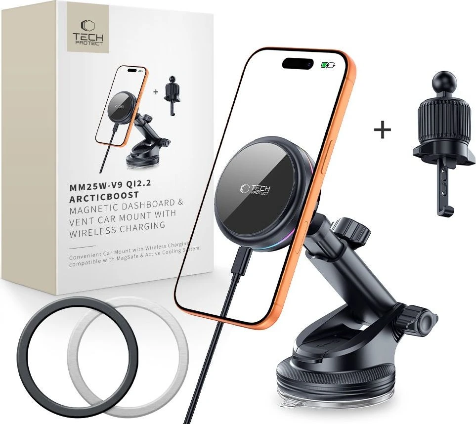 TECH-PROTECT V9 ARCTICBOOST MAGNETIC MAGSAFE DASHBOARD & VENT CAR MOUNT WIRELESS CHARGER 25W QI2.2 BLACK