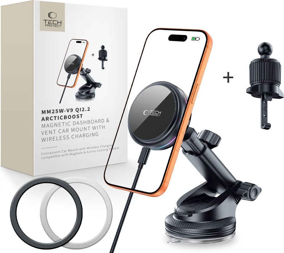 TECH-PROTECT V9 ARCTICBOOST MAGNETIC MAGSAFE DASHBOARD & VENT CAR MOUNT WIRELESS CHARGER 25W QI2.2 BLACK