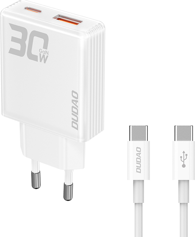 GaN Dudao A30EUT 30W USB-A / USB-C nabíječka do zásuvky + USB-C - USB-C kabel - bílá