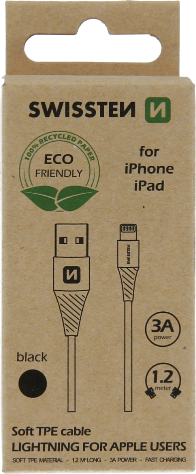 DATOVÝ KABEL SWISSTEN USB/LIGHTNING ČERNÝ 1,2M (ECO BALENÍ)