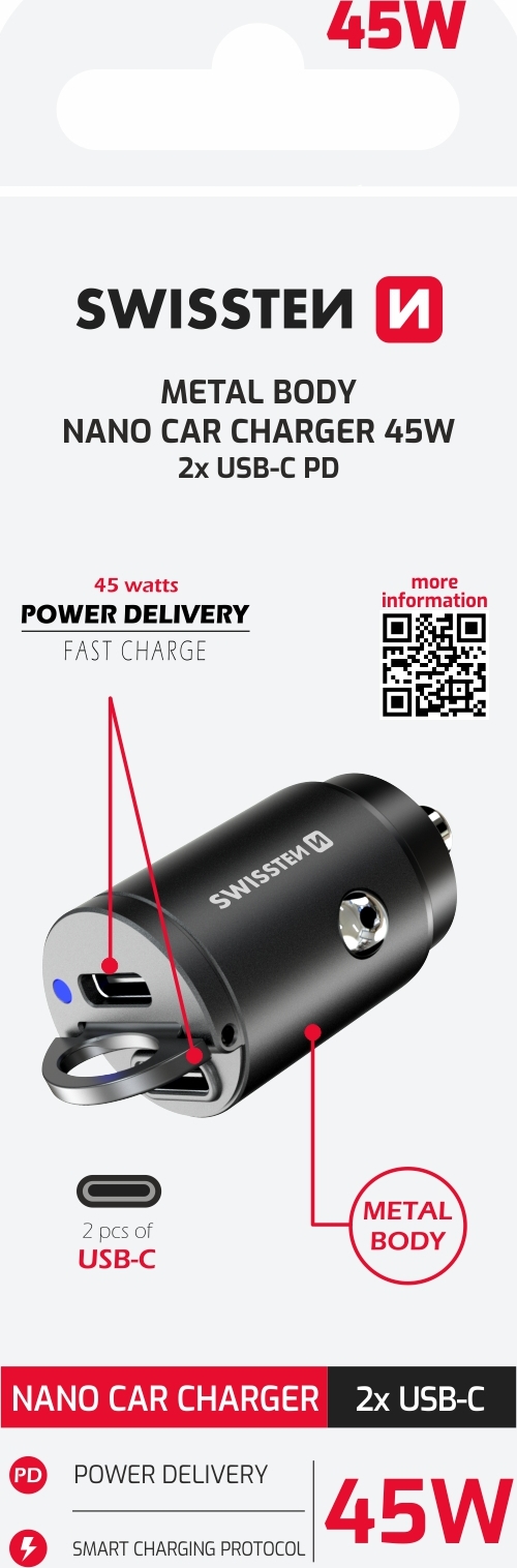 SWISSTEN CL ADAPTÉR POWER DELIVERY 2x USB-C 45W NANO ČERNÝ