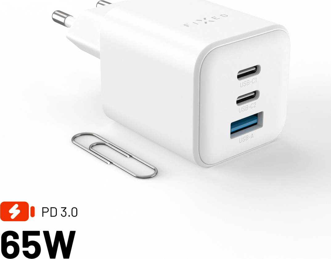 Levně Síťová GaN nabíječka FIXED Mini s 2xUSB-C a USB výstupem, podpora PD, 65W, bílá