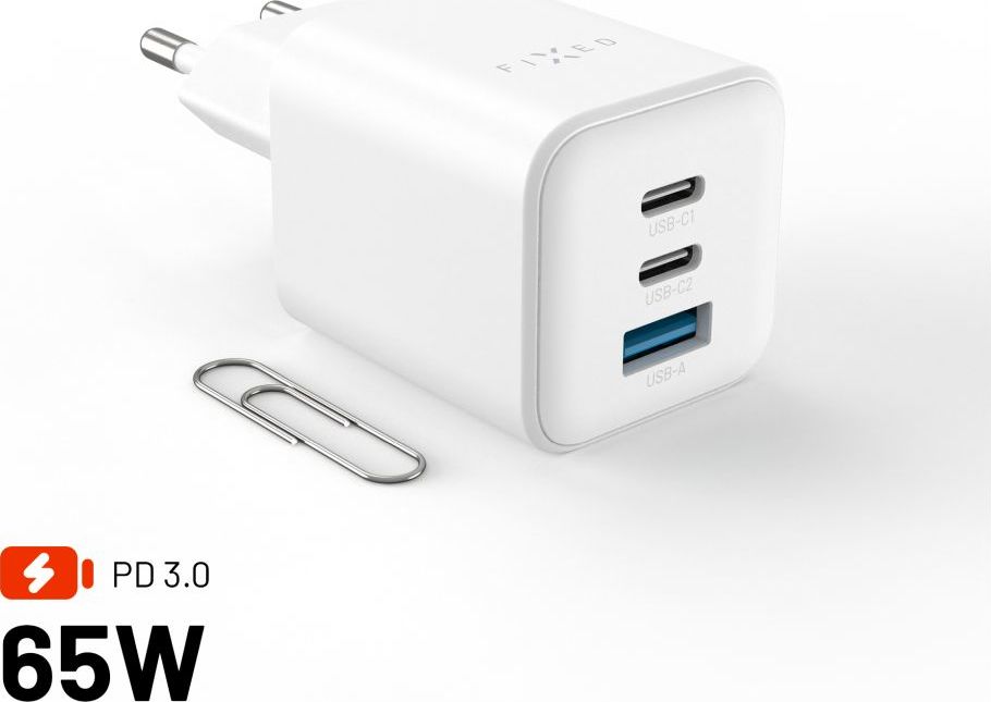 Síťová GaN nabíječka FIXED Mini s 2xUSB-C a USB výstupem, podpora PD, 65W, bílá