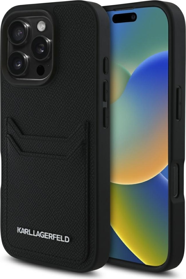 Karl Lagerfeld HC Grained PU CardSlot Metal Elong kryt pro iPhone 16 Pro černý