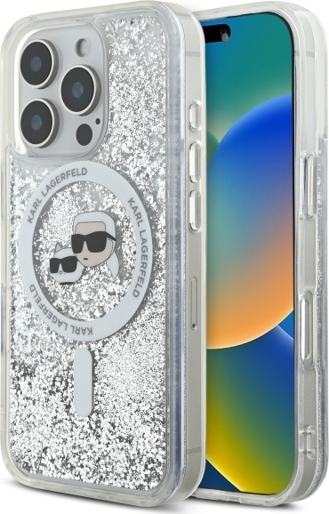 Pouzdro Karl Lagerfeld pro iPhone 16 Pro Max 6,9" KLHMP16XLGKCSGH průhledné Hard Liquid Glitter Karl&Choupette Head MagSafe
