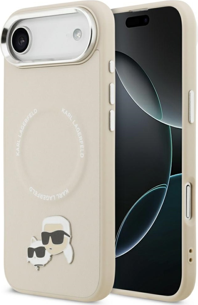 Pouzdro Karl Lagerfeld Magsafe PU s logem Karl&Choupette a kovovými tlačítky fotoaparátu pro iPhone 17 Air šedé