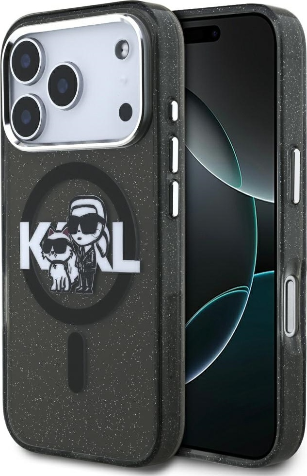 Pouzdro Karl Lagerfeld Magsafe IML s třpytivým designem, kovovým rámečkem a knoflíky pro fotoaparát, logem Karla a Choupette pro iPhone 17 Pro,…