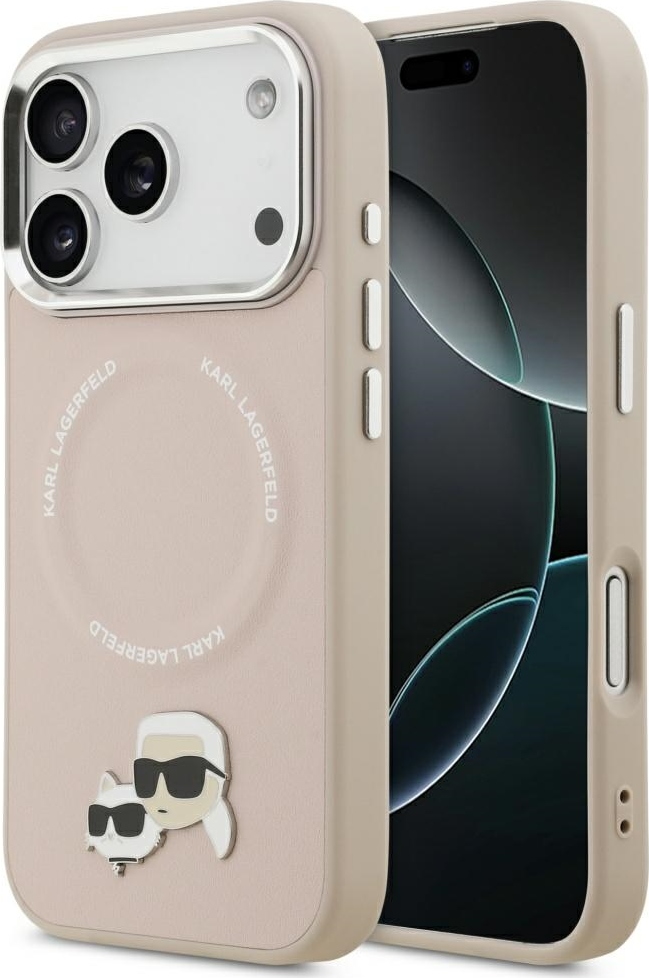 Pouzdro Karl Lagerfeld Magsafe PU s logem Karl&Choupette a kovovými tlačítky fotoaparátu pro iPhone 17 Pro béžové