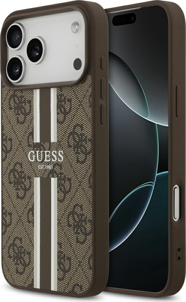 Pouzdro Guess 4G Printed Stripes MagSafe pro iPhone 17 Pro Max hnědé