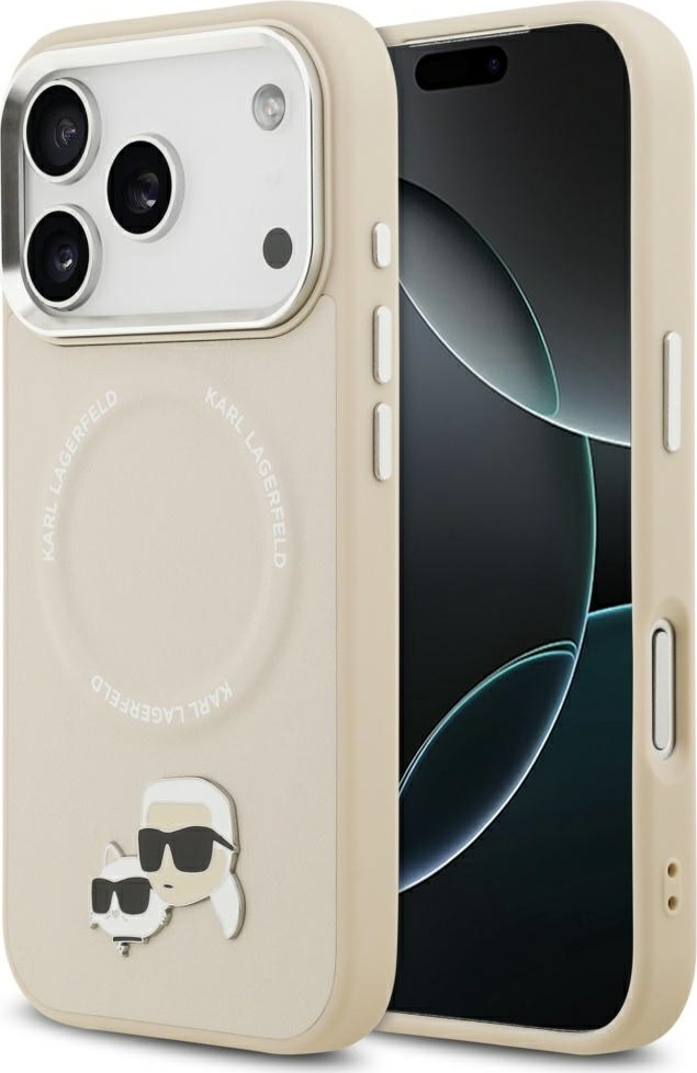 Pouzdro Karl Lagerfeld Magsafe PU s logem Karl&Choupette a kovovými tlačítky fotoaparátu pro iPhone 17 Pro Max, šedé