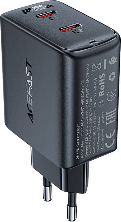 Nástěnná nabíječka Acefast A49 2x USB-C, 35W PD (černá)