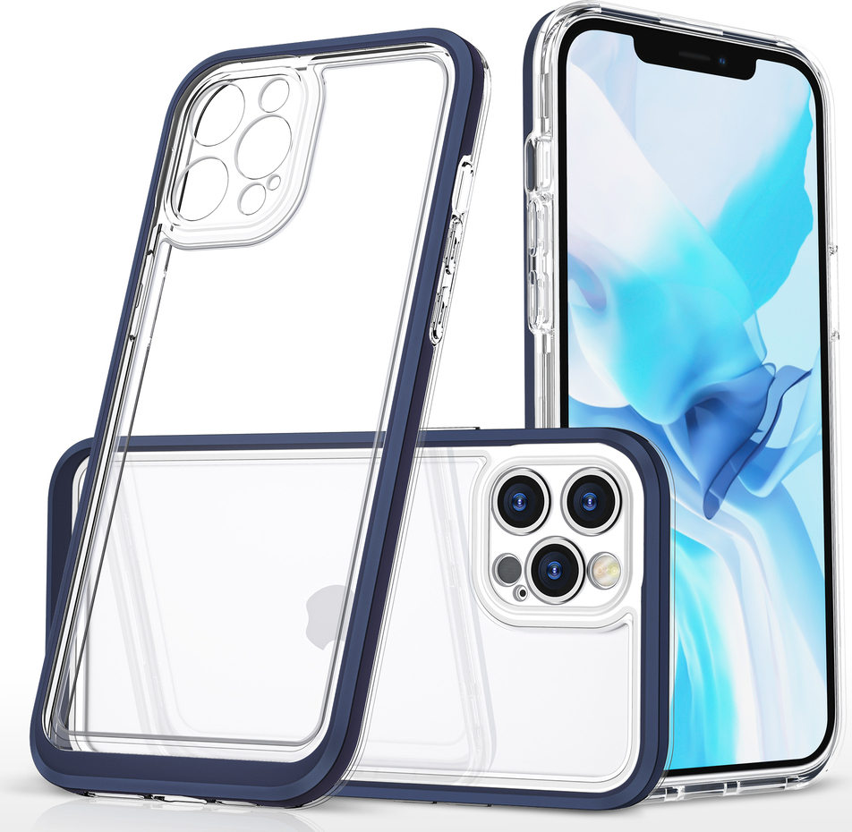 Průhledný gelový kryt 3v1 pro iPhone 12 Pro Max s modrým rámečkem