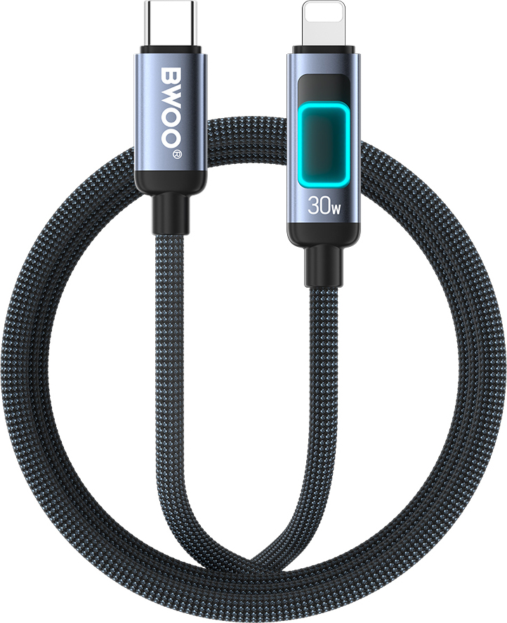 Opletený rychlonabíjecí kabel BWOO X324CL s podsvíceným displejem PD 27W USB-C - Lightning