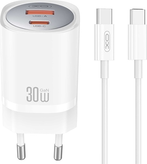 Nabíječka XO CE21 PD 30W 1x USB-C 1x USB bílá + kabel USB-C - USB-C