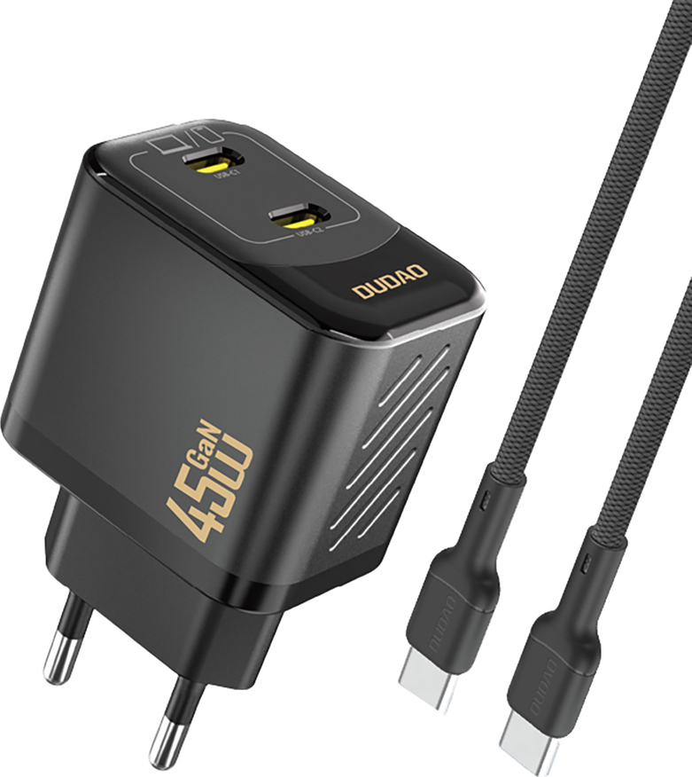 Dudao A28PCEU PD 45W GaN 2xUSB-C síťová nabíječka s USB-C kabelem - černá