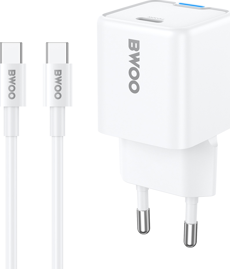 Nabíječka do zásuvky BWOO GaN PD 30W, 1x USB-C port s 60W kabelem, USB-C 2A, bílá