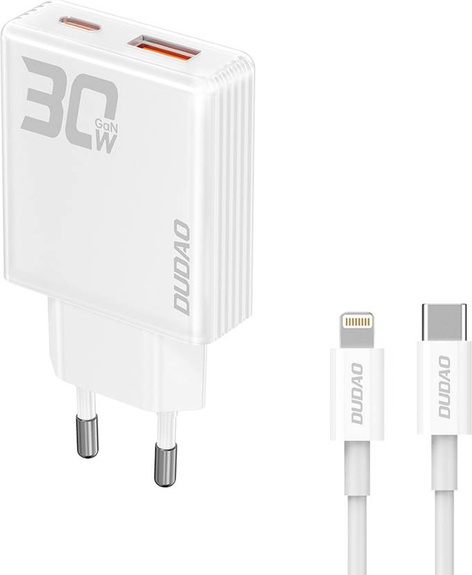 GaN Dudao A30EUL 30W USB-A / USB-C nabíječka do zásuvky + USB-C - Lightning kabel - bílá