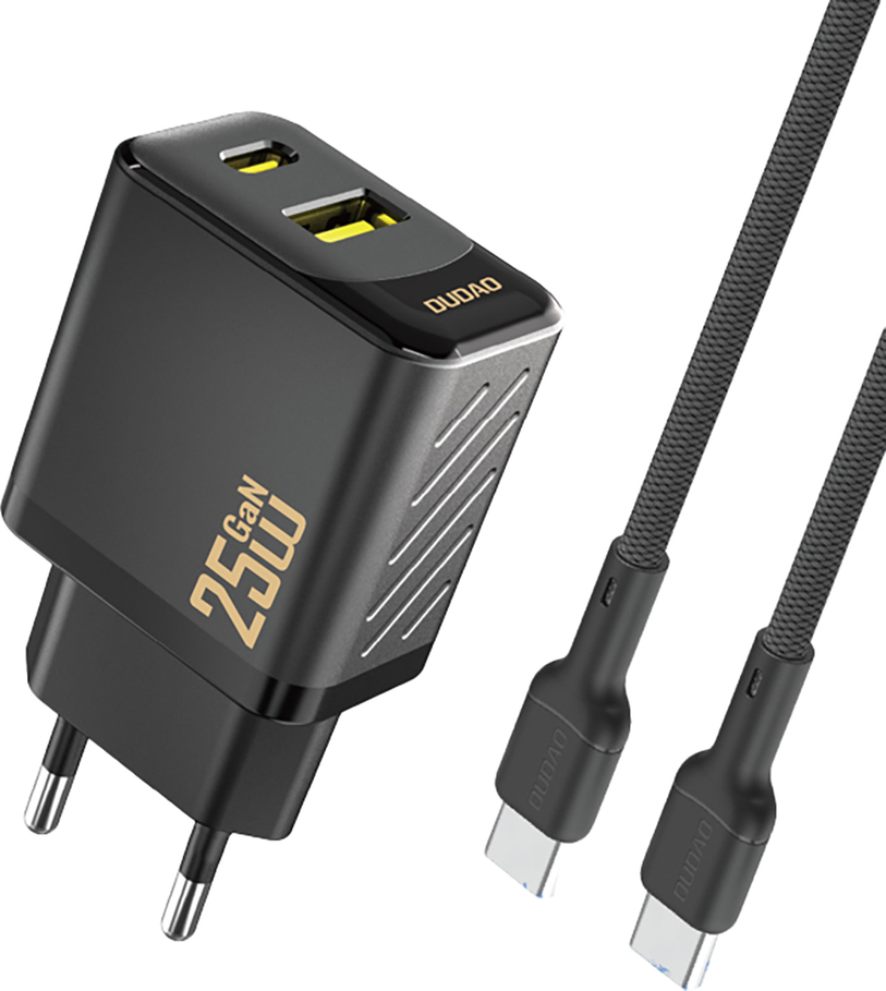Dudao A26TCEU PD QC 25W GaN USB-A USB-C nástěnná nabíječka s kabelem USB-C - černá