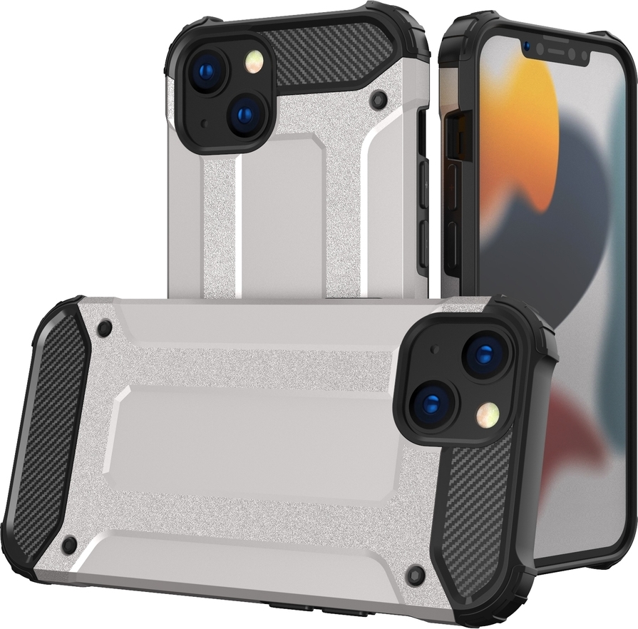 Hybrid Armor Case Tough Rugged Cover pro iPhone 13 stříbrný