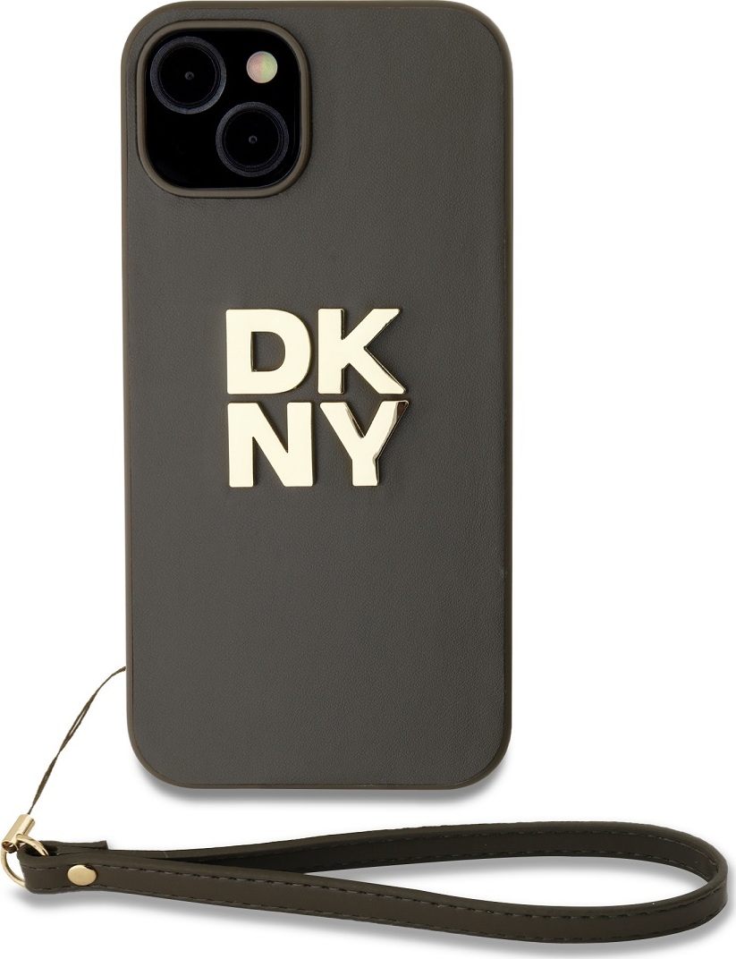 DKNY PU Leather Stack Logo Wrist Strap Zadní Kryt pro iPhone 15 Brown