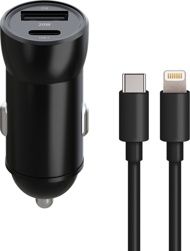 Autonabíječka Maxlife MXCC-04 PD QC 1x USB-C 1x USB 20W černá + kabel USB-C - Lightning 27W
