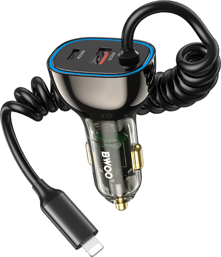 Autonabíječka BWOO CC96L 30W PD 1x USB-C 1x USB port s Lightning kabelem, šedá