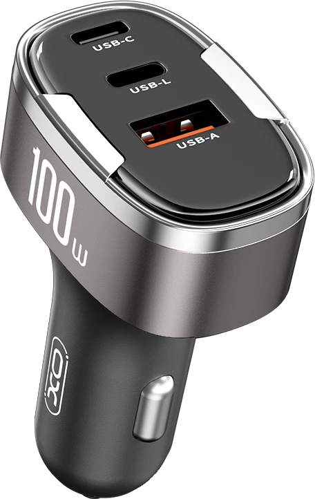Autonabíječka XO CC61 PD QC 3.0 100W 1x USB 1x USB-C 1x Lightning šedá