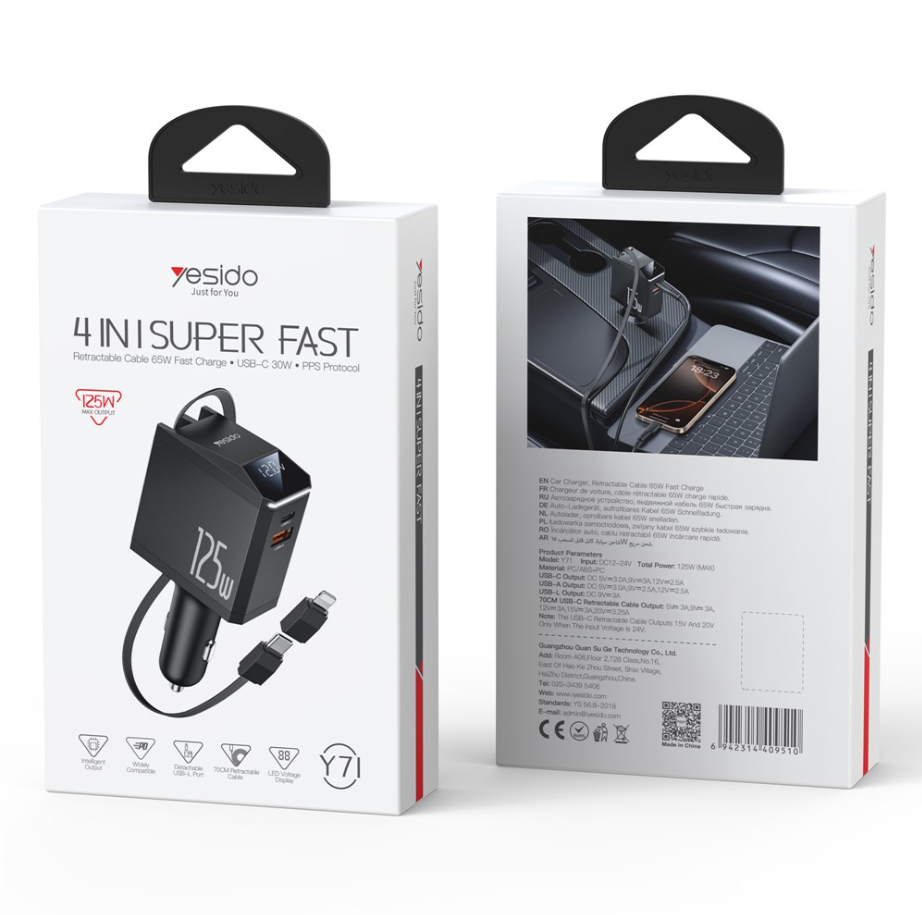 Autonabíječka YESIDO Y71 125W RYCHLÉ NABÍJENÍ 4v1 LED + C+iP KABEL 65W ČERNÁ
